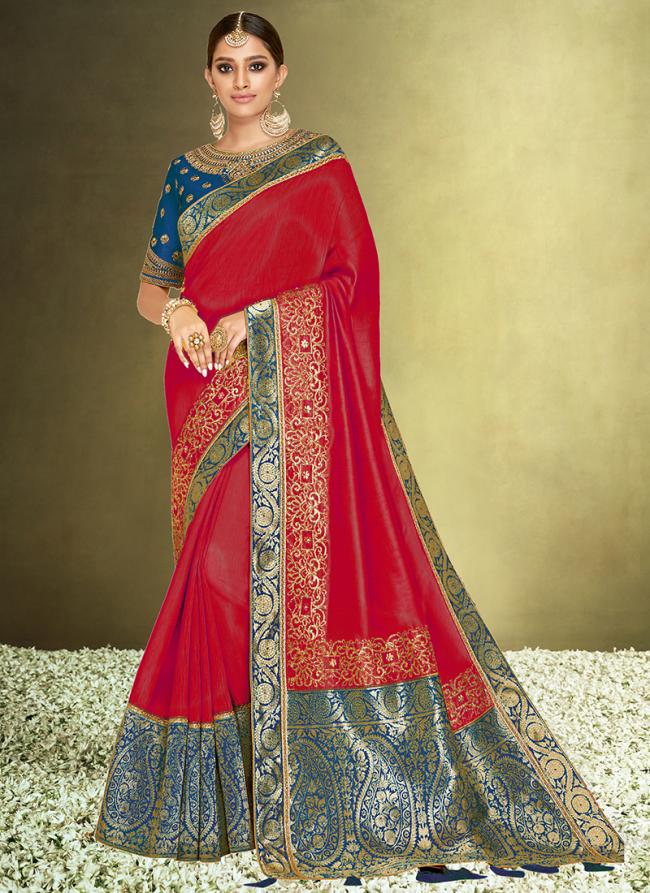 Sattin Silk Red Wedding Wear Embroidery Work Saree